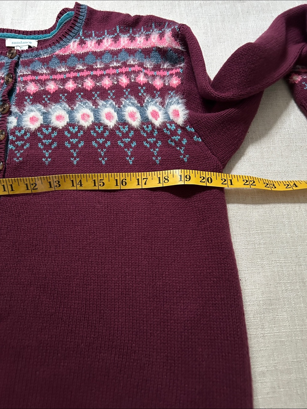 Sundance Fair Isle Sweater Burgundy Women's M Half Button Cotton Snowflake - Picture 7 of 13
